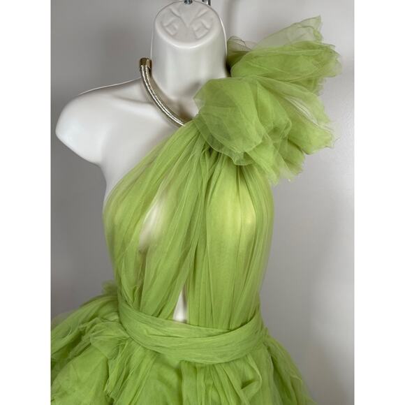 Bronx and Banco Taraji One Shoulder Tulle Tiered High Low Maxi Green Gown Sz XS - Picture 5 of 15